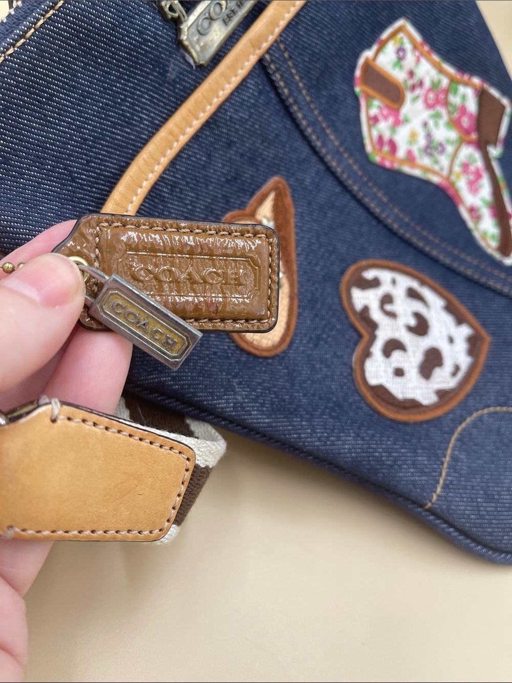 Coach Denim Crossbody with Floral Boot and Patch Accents Rare - Picture 3 of 6